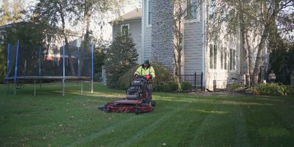 Mowing stripes into a lawn for a Fairfax, VA homeowner.